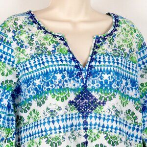 Westbound Women's Tunic Size 1X Boho Blue Green Geometric Embroidery 3/4 Sleeves